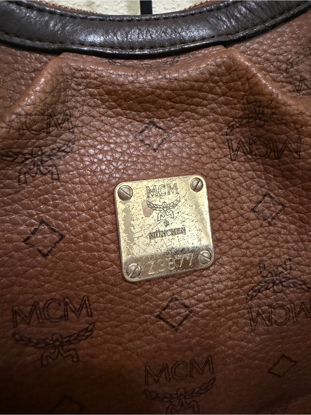 MCM Brown Monogram Leather Shoulder Bag with Gold Plaque - Picture 2 of 6